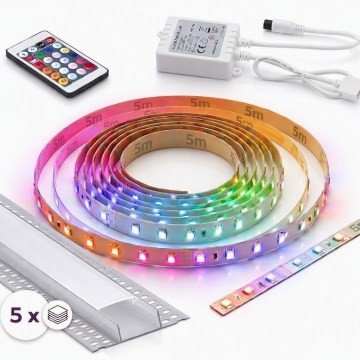 SETTI 1x LED RGBW himmennettävä nauha DIGITAL LED/16,5W/230V 5 m + 5x upotettava profiili 1 m hopea/valkoinen + kaukosäädin