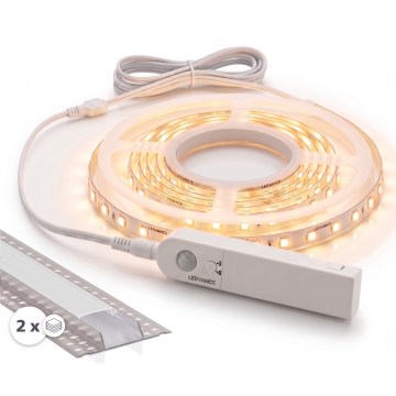 SETTI 1x LED-valonauha liiketunnistimella FLEX LED/3,6W/4xAA 2 m + 2x upotettava profiili 1 m hopea/valkoinen