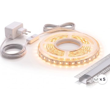 SETTI 1x LED-valonauha MYLIVING LIGHTSTRIP LED/22W/230V 5 m + 5x sisäänrakennettava profiili 1 m hopea/valkoinen