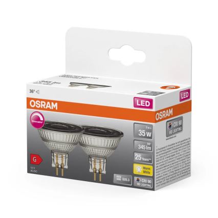 Setti 2 kpl LED-himmennettäviä MR16-reflektorilamppuja GU5,3/5W/12V 2700K 36° CRI 90 - Osram