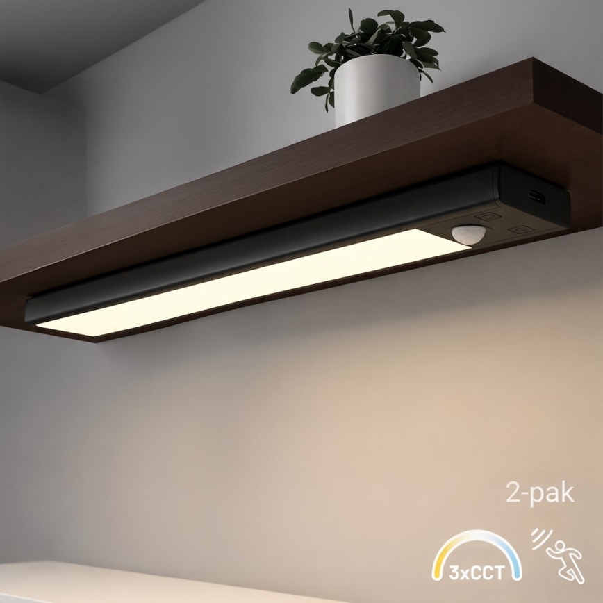 Setti 2 kpl ladattavia LED-huonekalovaloja liiketunnistimella ja hämäräkytkimellä VIRO LED/1,2W/3,7V 800 mAh 3000/4000/6500K 30 cm musta