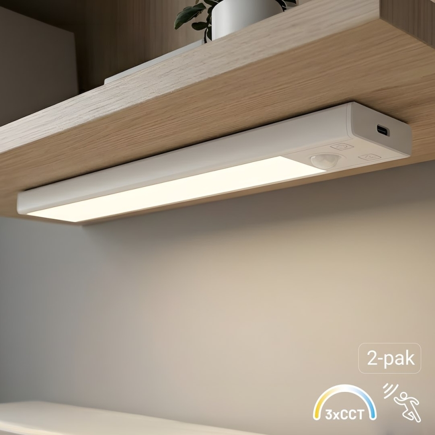 Setti 2 kpl ladattavia LED-huonekalavalaisimia liike- ja hämärätunnistimella VIRO LED/1W/3,7V 800 mAh 3000/4000/6500K 20 cm valkoinen