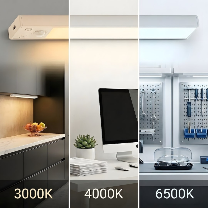 SARJA 2x ladattavaa LED-huonekalavalaisinta liiketunnistimella ja hämäräkytkimellä VIRO LED/1,2W/3,7V 800 mAh 3000/4000/6500K 30 cm valkoinen