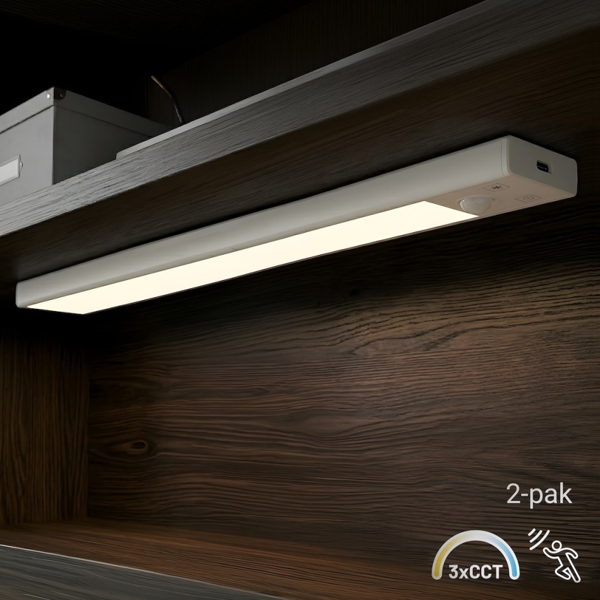 SARJA 2x ladattavaa LED-huonekalavalaisinta liiketunnistimella ja hämäräkytkimellä VIRO LED/1,2W/3,7V 800 mAh 3000/4000/6500K 30 cm valkoinen