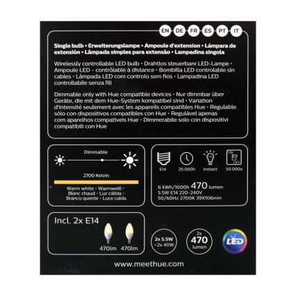 SETTI 2x Himmennettävä LED-polttimo Philips Hue WHITE E14/5,5W/230V 2700K