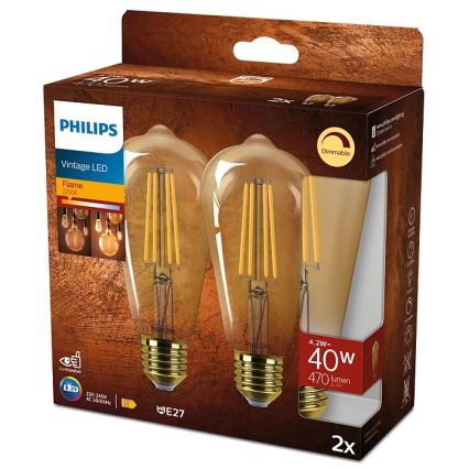 SETTI 2x Himmennettävä LED-polttimo VINTAGE Philips ST64 E27/4,2W/230V 2200K