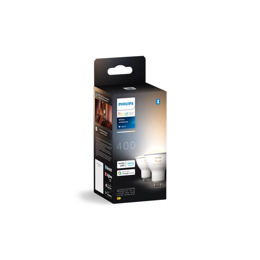 Setti 2x himmennettävää Philips Hue WHITE AMBIANCE GU10 LED-lamppua 4,2W/230V 2200-6500K + Hue Bridge