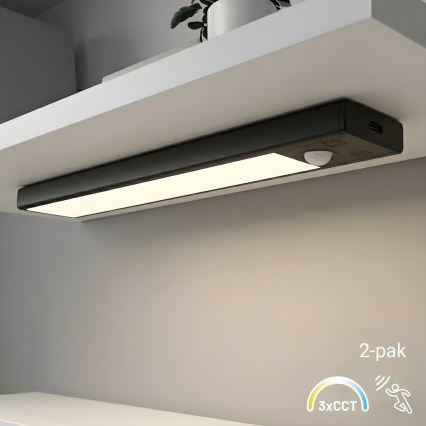 2 kpl ladattavia LED-huonekalavalaisimia liike- ja hämärätunnistimella VIRO LED/1W/3,7V 800 mAh 3000/4000/6500K 20 cm musta