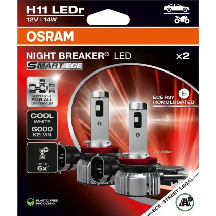 SETTI 2x LED-autopolttimo NIGHT BREAKER SMART H11 PGJ19-2/14W/12V 6000K - Osram
