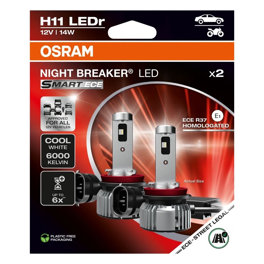 SETTI 2x LED-autopolttimo NIGHT BREAKER SMART H11 PGJ19-2/14W/12V 6000K - Osram