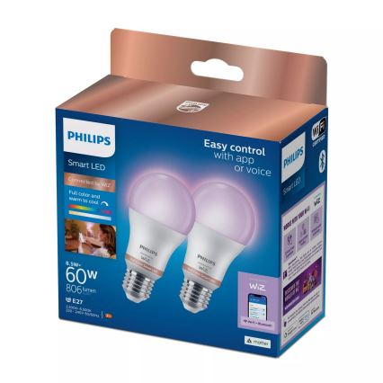 2 kpl Philips SMART A60 E27 himmennettävä RGB-LED-lamppu 8,5W/230V 2200-6500K