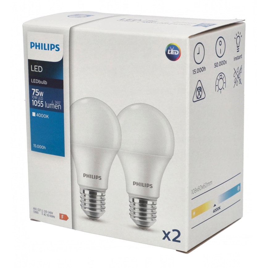 SETTI 2x LED-polttimo Philips A60 E27/10W/230V 4000K
