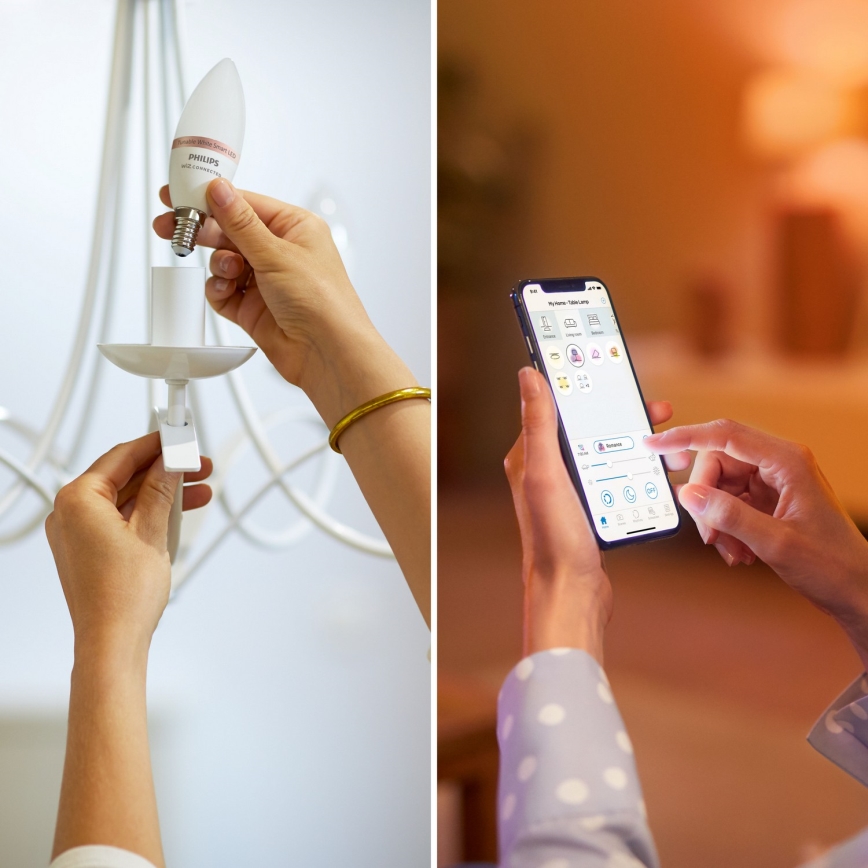 Setti 2x Philips SMART C37 RGB-himennettävä LED-polttimo E14/4,9W/230V 2200-6500K CRI 90