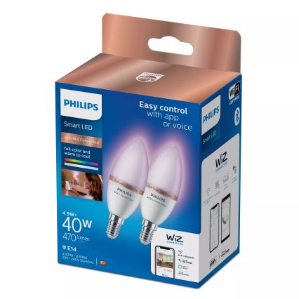 Setti 2x Philips SMART C37 RGB-himennettävä LED-polttimo E14/4,9W/230V 2200-6500K CRI 90