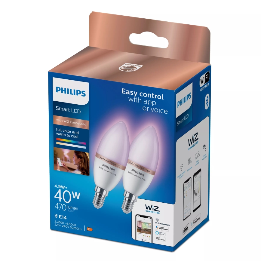 Setti 2x Philips SMART C37 RGB-himennettävä LED-polttimo E14/4,9W/230V 2200-6500K CRI 90