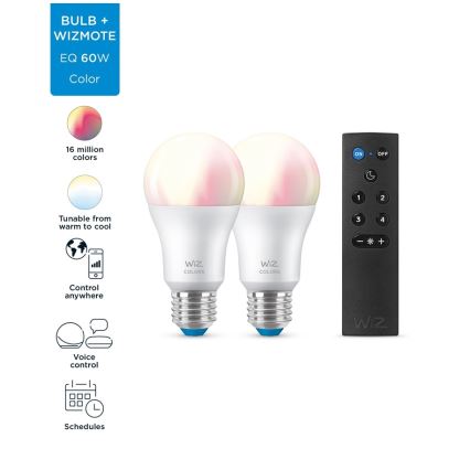 SETTI 2x LED RGBW Himmennettävä polttimo A60 E27/8,5W/230V 2200-6500K Wi-Fi + kauko-ohjaus - WiZ