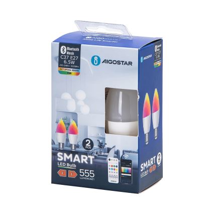 SETTI 2x LED RGBW Himmennettävä polttimo MESH Älykäs C37 E27/6,5W/230V 2700-6500K + kauko-ohjaus - Aigostar