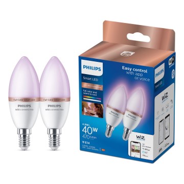 Setti 2x Philips SMART C37 RGB-himennettävä LED-polttimo E14/4,9W/230V 2200-6500K CRI 90