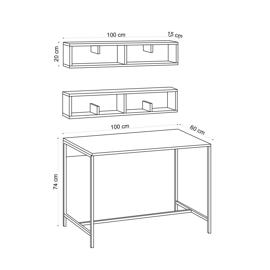 SETTI 2x Seinähylly PENNY 20x100 cm + työpöytä 74x100 cm ruskea/musta