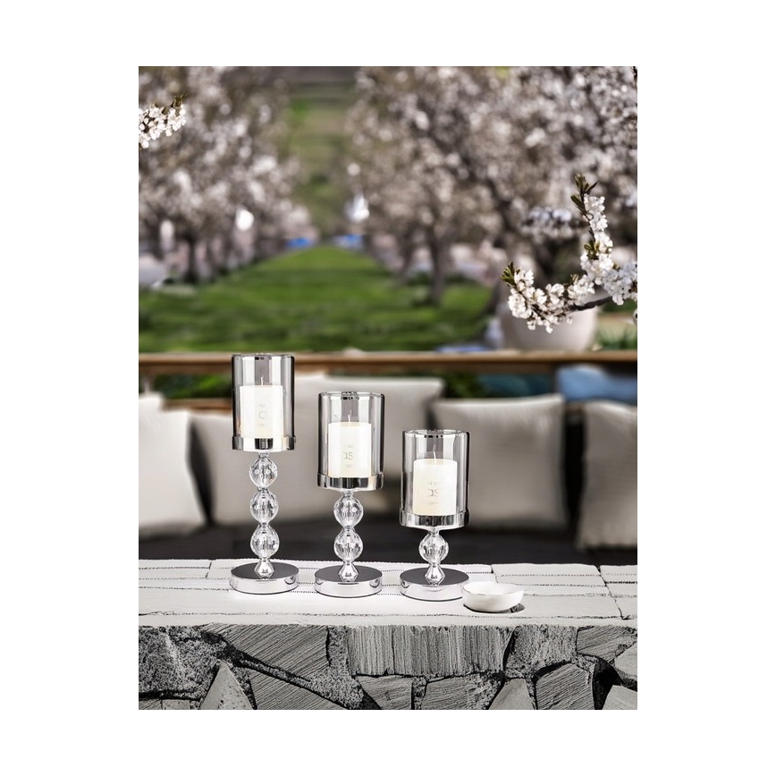 Setti 3 kpl kiiltäviä kromisia kynttilänjalkoja