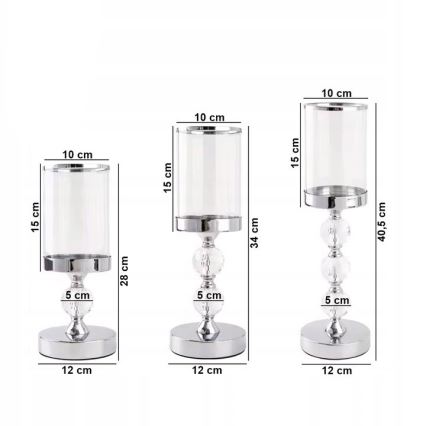 Setti 3 kpl kiiltäviä kromisia kynttilänjalkoja