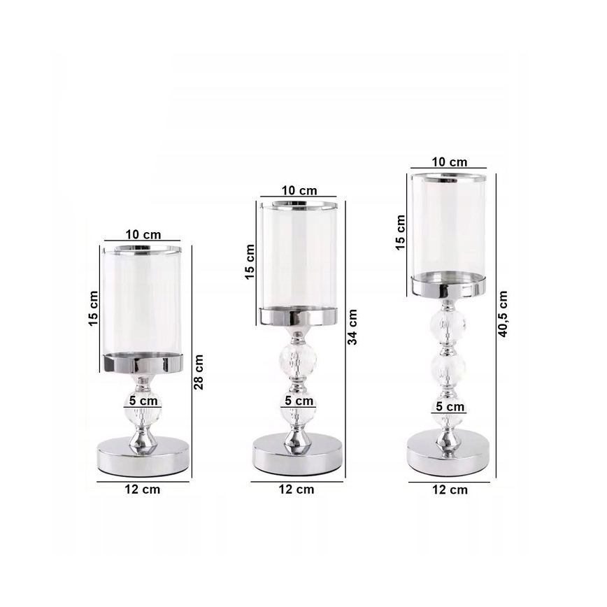 Setti 3 kpl kiiltäviä kromisia kynttilänjalkoja