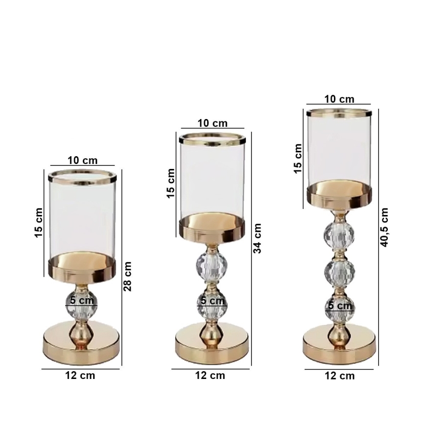 Setti 3 kpl kultaisia kynttilänjalkoja