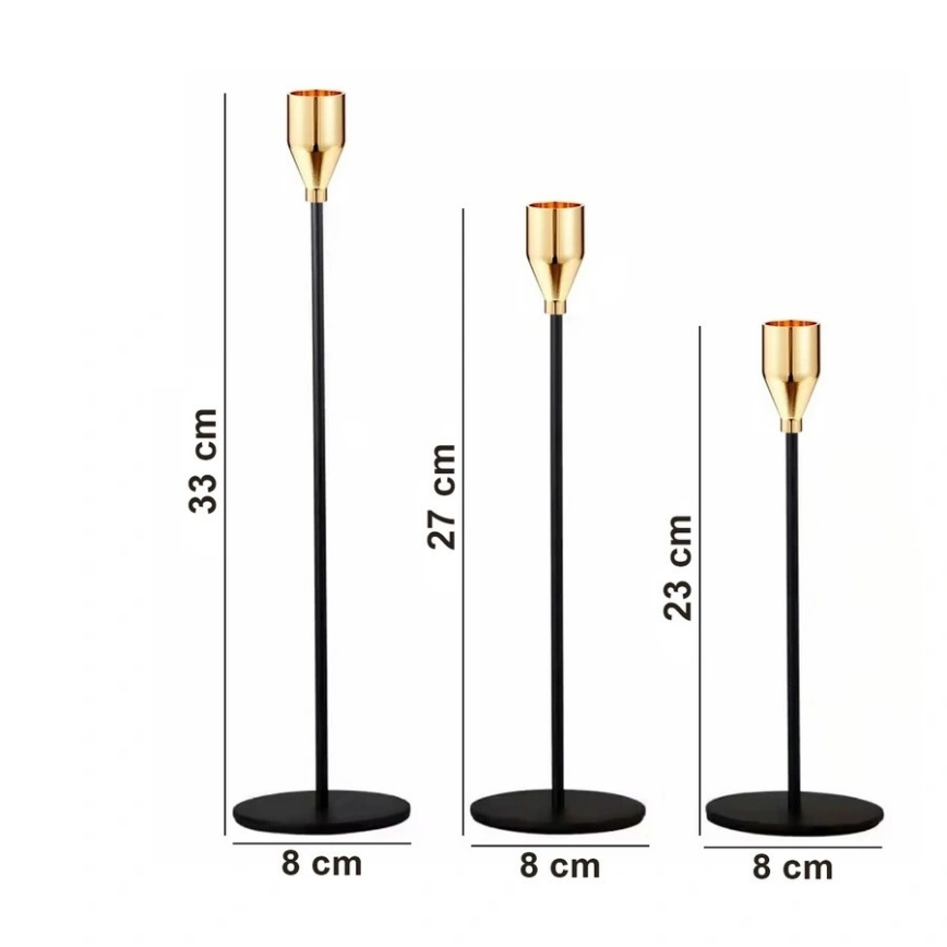 Setti 3 kpl kynttilänjalkoja, musta/kultainen