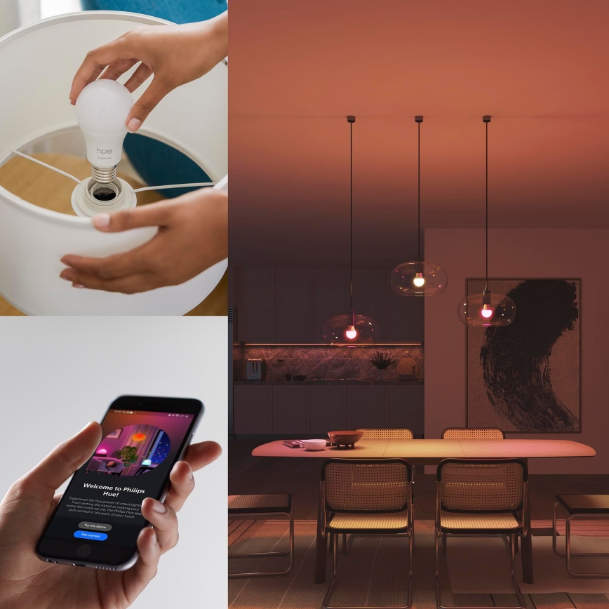3 kpl himmennettäviä Philips Hue White And Color Ambiance Essential E27 LED-lamppuja, 8W/230V, 2200-6500K