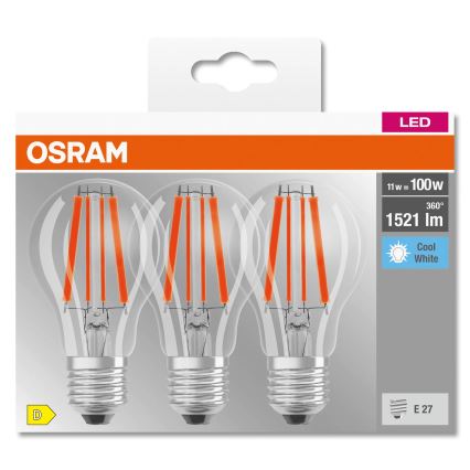 Setti 3 kpl LED-polttimoa BASE CLASSIC FILAMENT A60 E27/11W/230V 4000K - Osram