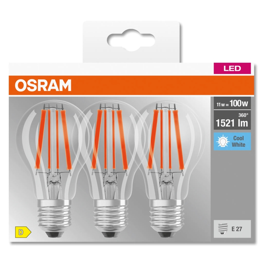 Setti 3 kpl LED-polttimoa BASE CLASSIC FILAMENT A60 E27/11W/230V 4000K - Osram