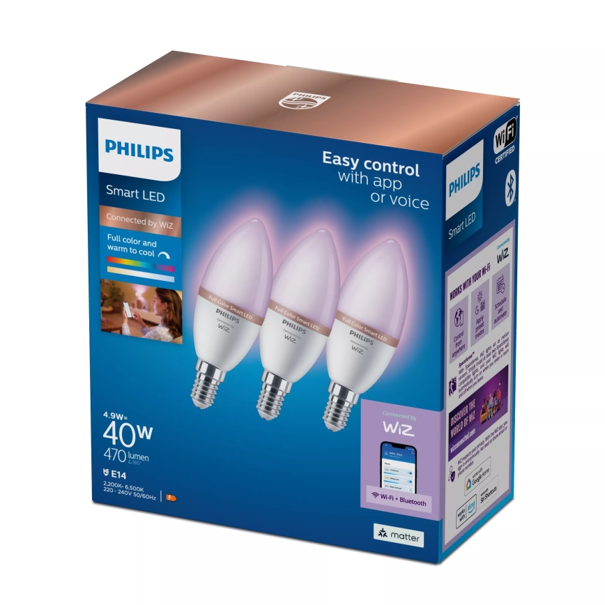 SETTI 3x Himmennettävä LED RGB -lamppu Philips SMART C37 E14/4,9W/230V 2200-6500K CRI 90