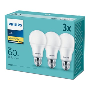 Setti 3x LED-polttimo Philips E27/9W/230V 2700K