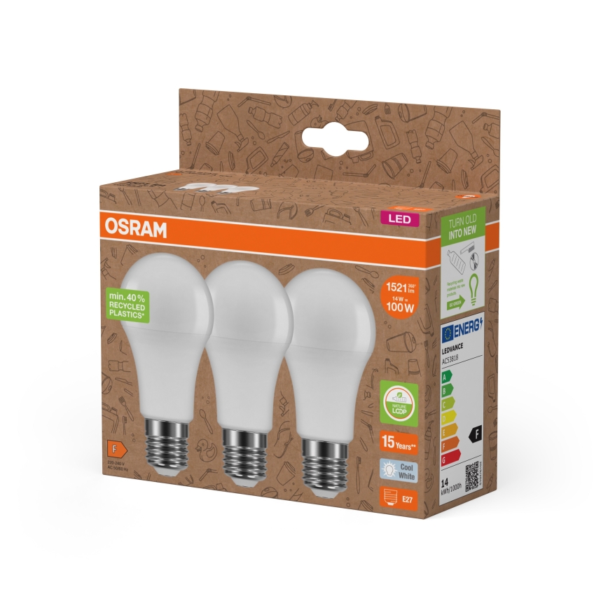 SETTI 3x LED-polttimoa kierrätetystä muovista A100 E27/14W/230V 4000K - Osram