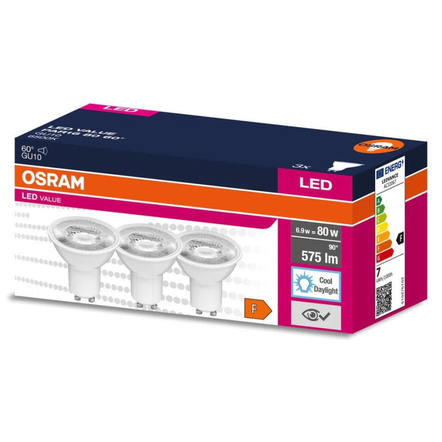 SETTI 3x LED-reflektorilamppu PAR16 GU10/6,9W/230V 6500K 60° - Osram