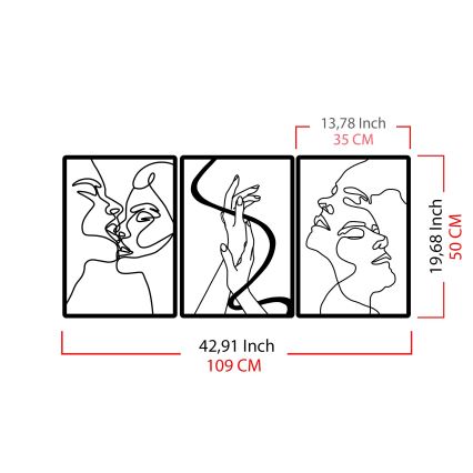 SETTI 3x Seinäkoriste 109x50 cm rakkaus metalli