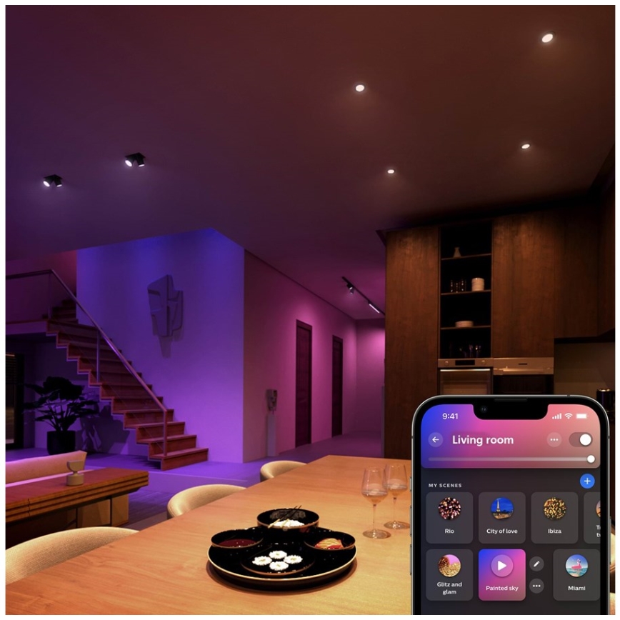 Setti 4 kpl Philips Hue WHITE AND COLOR AMBIANCE RGBW himmennettävät LED-polttimot GU5,3/MR16/6,3W/12V 2000-6500K