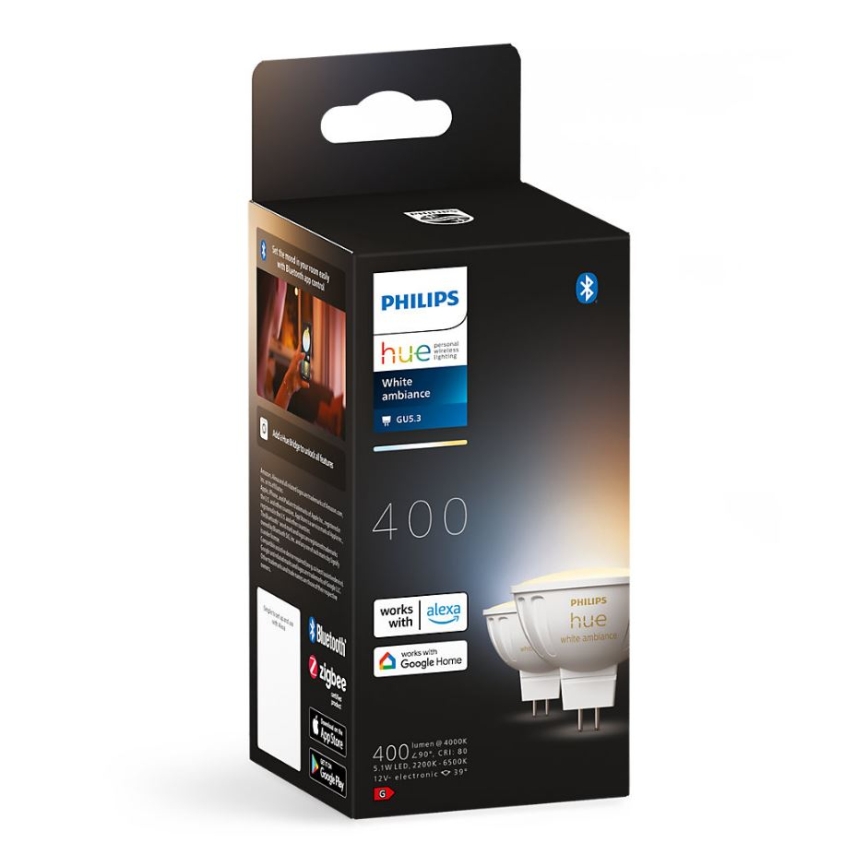 SETTI 4x LED himmennettävä polttimo Philips Hue WHITE AMBIANCE GU5,3/MR16/5,1W/12V 2200-6500K