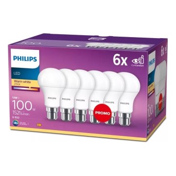 Setti 6 kpl Philips A60 LED-polttimoa, B22-kanta, 13 W, 230 V, 2700 K