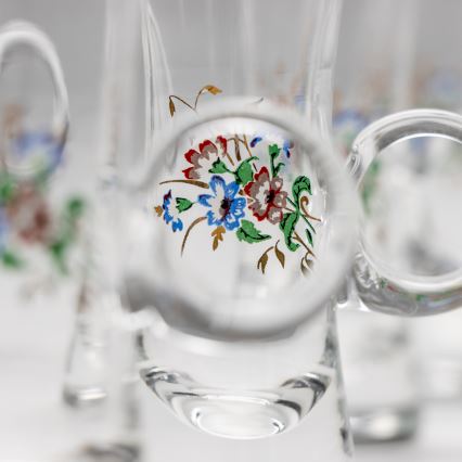 Setti 6x liköörilasi kahvalla läpinäkyvä kukka-aihe nro. 2