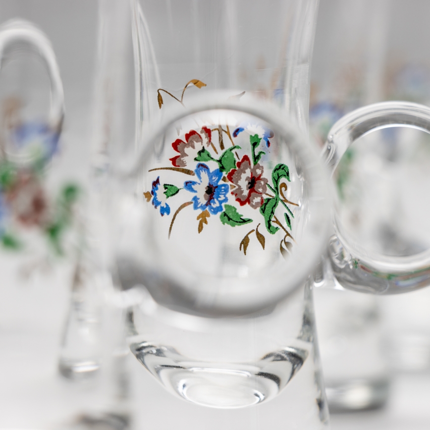 Setti 6x liköörilasi kahvalla läpinäkyvä kukka-aihe nro. 2