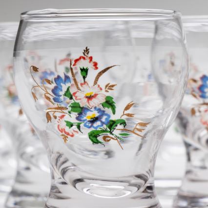 Setti 6x liköörilasi läpinäkyvä - kukkakuvio nro. 3