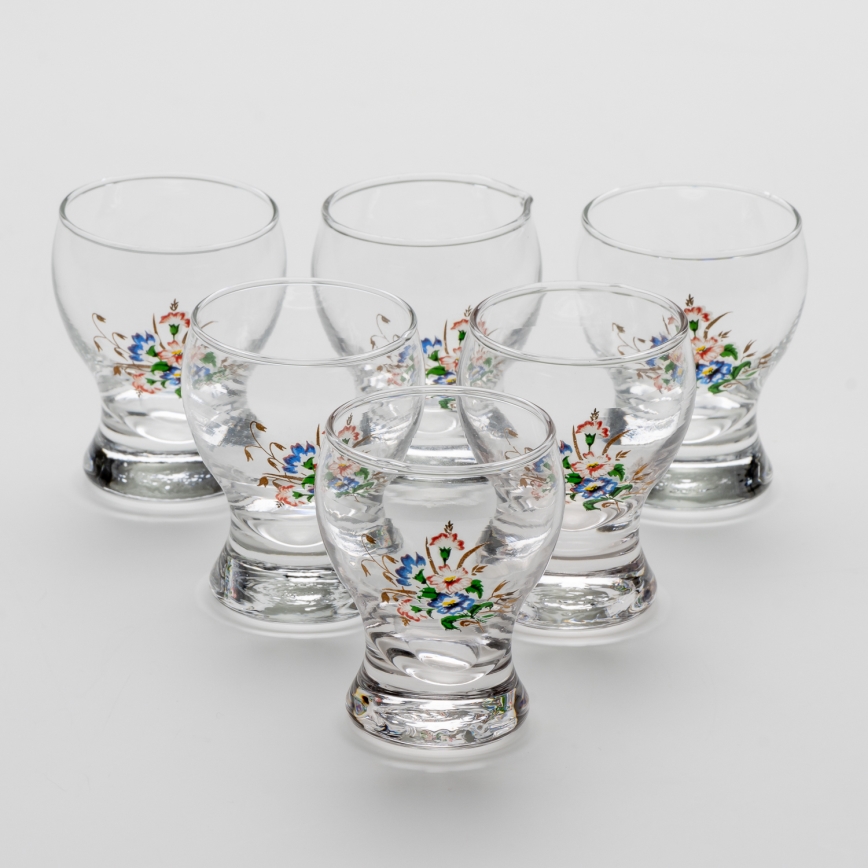 Setti 6x liköörilasi läpinäkyvä - kukkakuvio nro. 3