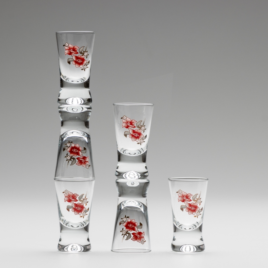 Setti 6x shottilasi läpinäkyvä kukka-aihe nro. 2