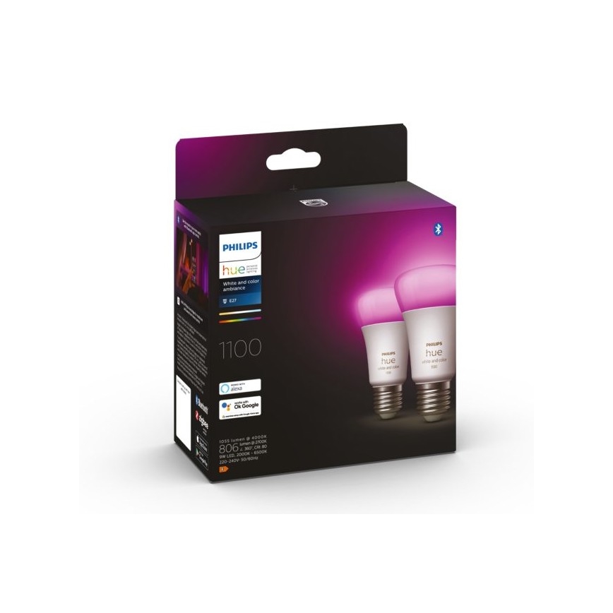 SETTI - LED RGBW Himmennettävä nauha Philips Hue WHITE AND COLOR AMBIANCE 2m LED/20W/230V + 2x Himmennettävä LED-polttimo Philips A60 E27/9W/230V 2000-6500K