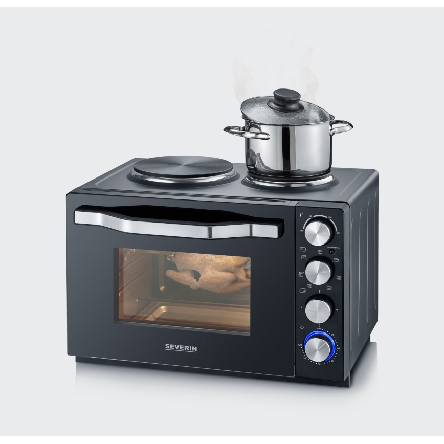 Severin TO 2074 - Kiertoilmauuni grillillä ja keittolevyillä 2500 W/230 V, 30 l, musta