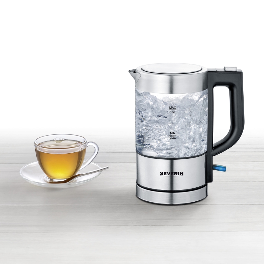 Severin WK 3472 - Nopea 0,5 l vedenkeitin 1100 W/230 V, ruostumaton teräs/lasi