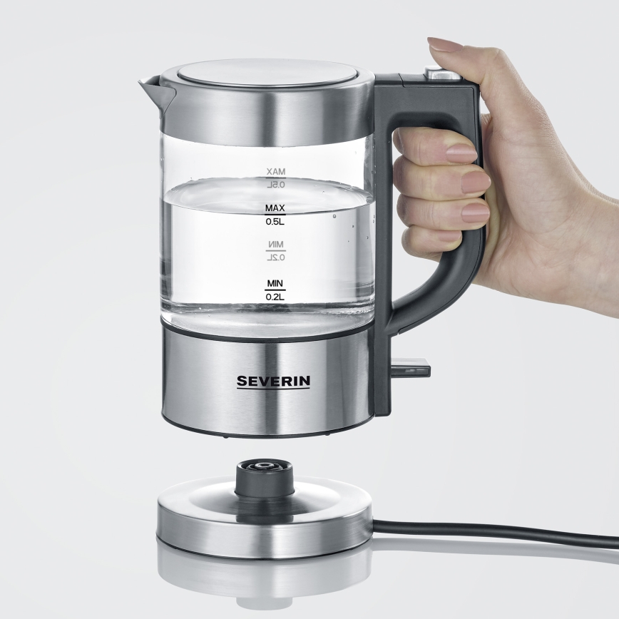 Severin WK 3472 - Nopea 0,5 l vedenkeitin 1100 W/230 V, ruostumaton teräs/lasi