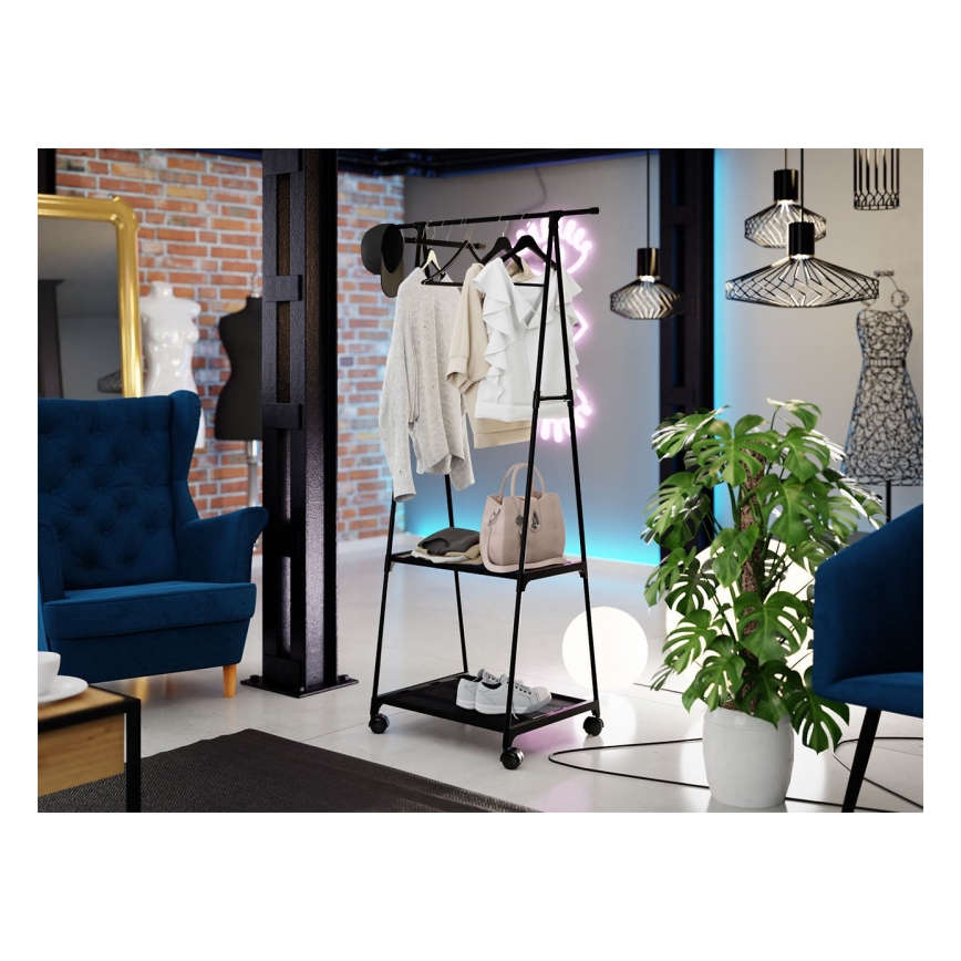 Siirrettävä metallinen ripustin hyllyillä OLAZEN 157x85 cm musta