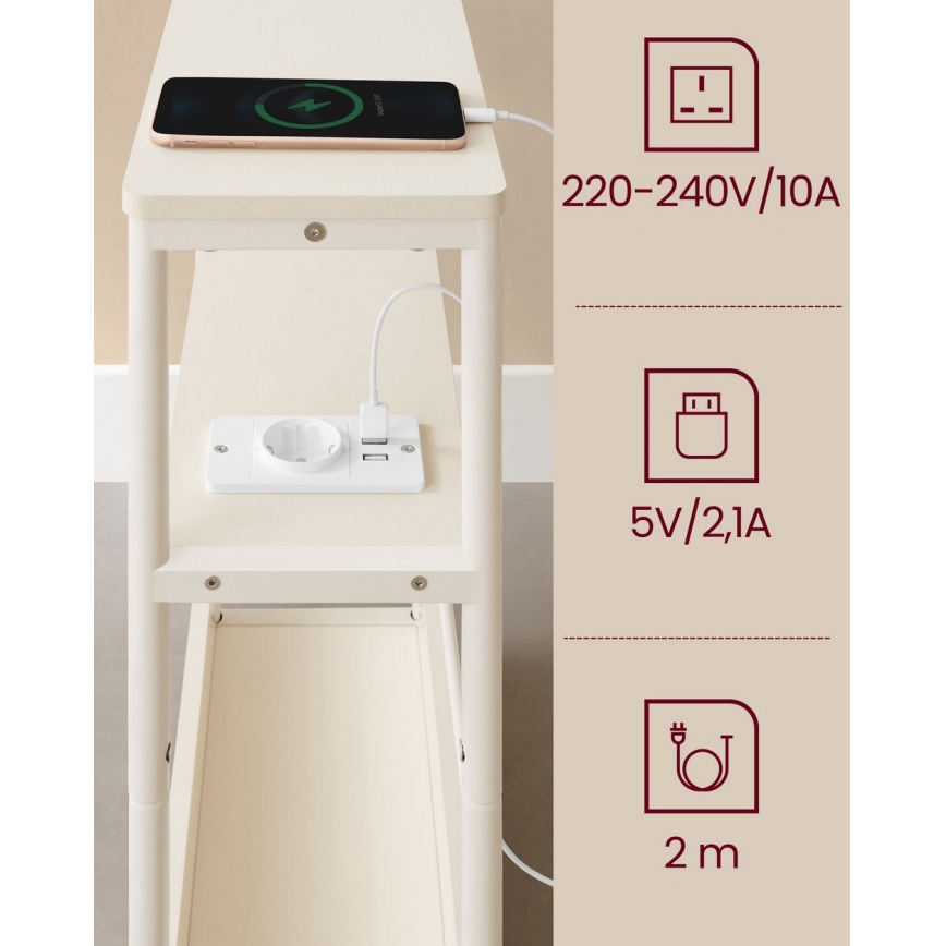 Sivupöytä ROD, sisäänrakennetulla pistorasialla ja USB-porteilla, valkoinen/kerma